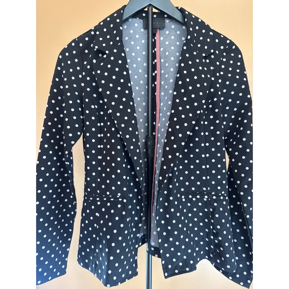 Mosaic & Co Womens Black‎ White Polka Dot Open Front Blazer Jacket Small
